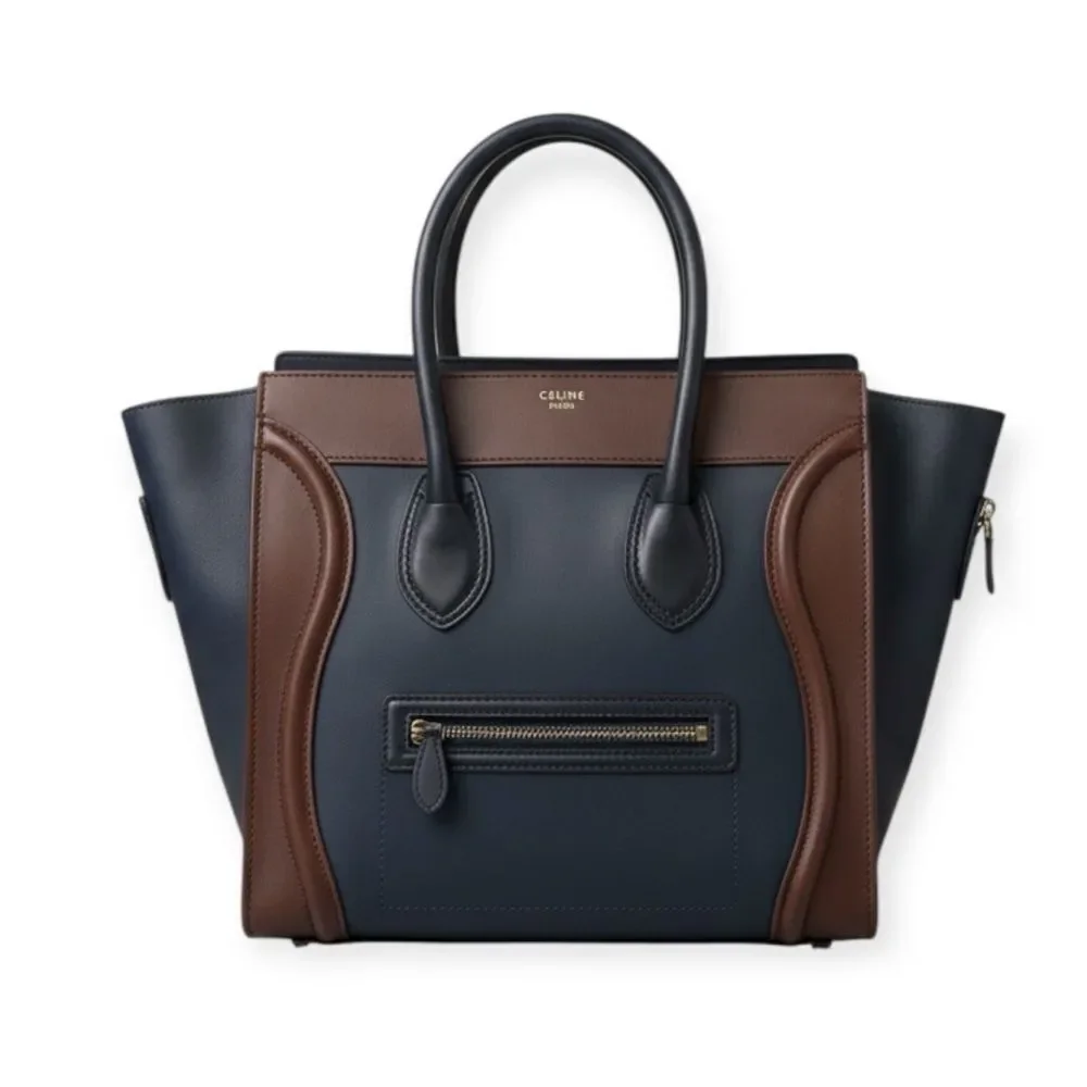 Celine Tricolor Navy Blue Brown & Black Mini Luggage Tote Bag Auth